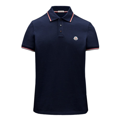 Moncler/蒙克萊 21年秋冬新款 男士靛青色棉質(zhì)羅紋領(lǐng)和短袖邊飾三色嵌花POLO衫G20918A0001084556-INDIGO