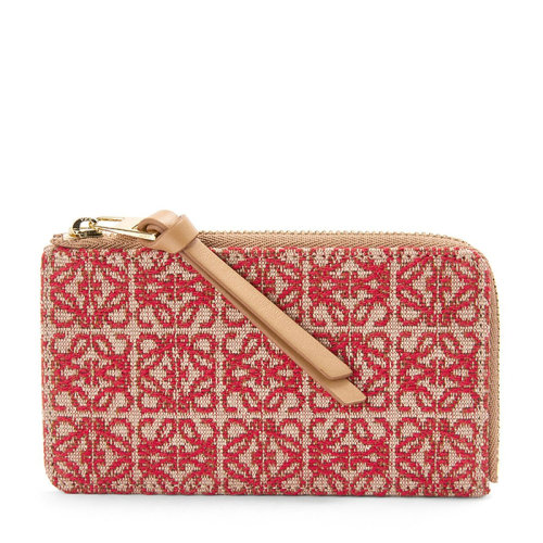LOEWE/羅意威 22春夏新款 女士紅色/暖沙色織物配皮紅色老花刺繡金扣拉鏈開(kāi)合錢包0010686244