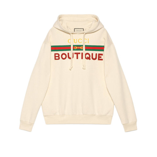 GUCCI/古馳  新款男女同款Gucci Boutique印花米色純棉連帽衛(wèi)衣 615061XJCKX9230