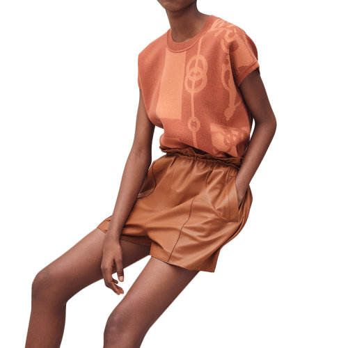 HERMES/愛(ài)馬仕 22年早春新款 女士楓棕色“Cliquetis”圖案短袖純羊絨毛衣H2E2617DU2836