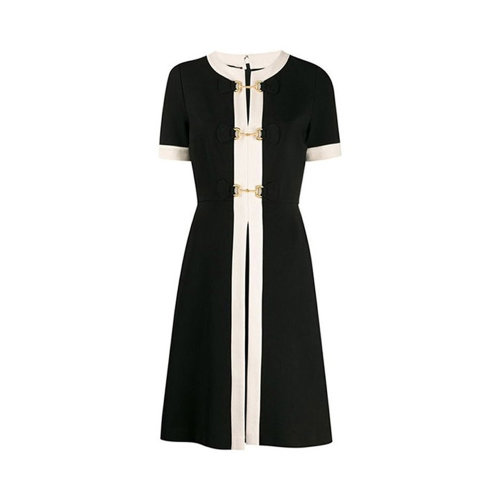 GUCCI/古馳 女士黑色棉質(zhì)圓領(lǐng)馬銜扣收腰連衣裙 604893-XJBYN-1032
