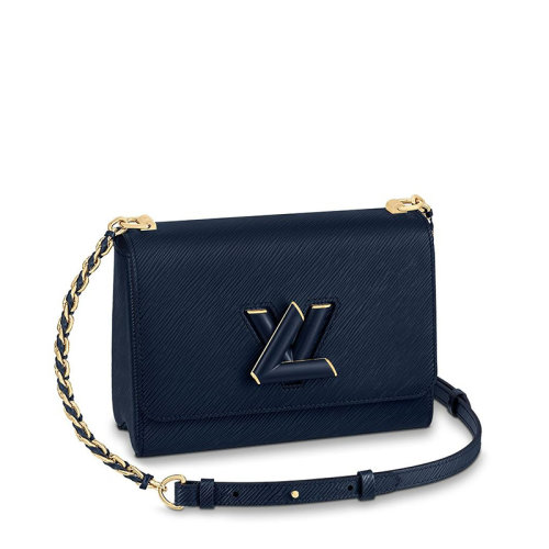 Louis Vuitton/路易威登 經典款TWIST系列 女士中號靛藍色水波紋粒面牛皮革飾皮革纏繞金色皮革鏈帶旋轉徽標扣單肩斜挎手提包M59321