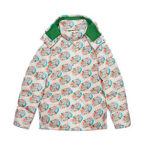 GUCCI/古馳 22秋冬款 The North Face聯(lián)名系列 男士多色聚酰胺飾有彩色印花?LOGO圖案拉鏈按扣開(kāi)合可拆卸風(fēng)帽羽絨服670653XAAET9486