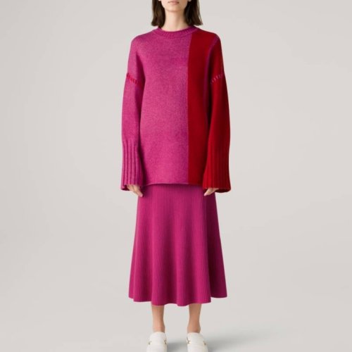 St.John/盛薔拼色羊絨寬松長款女士針織衫/毛衣K501022