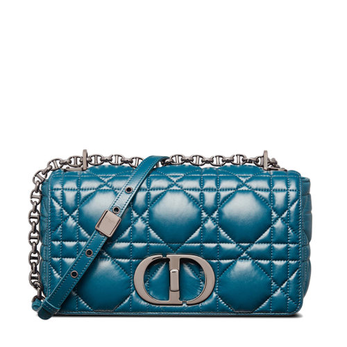 DIOR/迪奧  CARO系列 女士中號汽油藍色絎縫藤格紋小牛皮斜挎單肩鏈條包M9242BNGK_M01Z