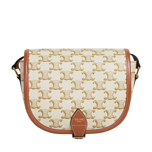 CELINE/賽琳 FOLCO系列 女士白色凱旋涂層帆布小牛皮飾邊翻蓋單肩斜挎包191502BZJ.01BC