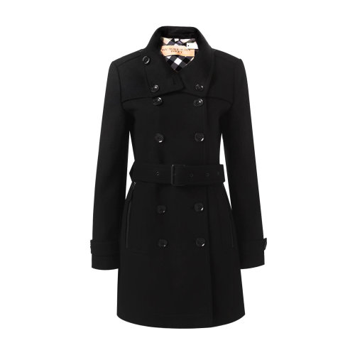 經(jīng)典款風(fēng)衣 BURBERRY/博柏利 黑色 羊毛混紡 雙排扣翻領(lǐng)長款 女士大衣 女士外套 夾克瑕疵特賣（陳列痕跡，不影響使用）