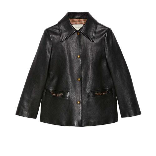  GUCCI古馳 22年秋冬 女士 飾馬銜扣皮革夾克 644932 XNADG 1000