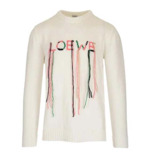 LOEWE/羅意威 白色logo刺繡流蘇男士針織衫/毛衣H526333X85 2059