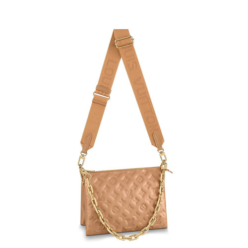 Louis Vuitton/路易威登 22春夏新款COUSSIN系列 女士小號(hào)駱駝色羊皮革老花壓印金鏈配可拆卸肩帶單肩斜挎手提鏈條法棍包M57791