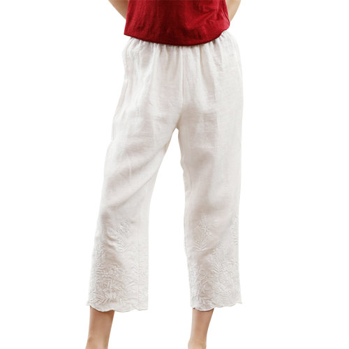 GeleiStory/GeleiStory 夏季新款 刺繡松緊亞麻休閑九分褲奢華 女士休閑褲