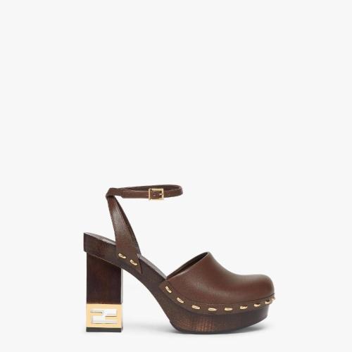  FENDI芬迪 22年秋冬 女士 高跟涼鞋 棕色皮革高跟木底鞋 8Z8375NA7F0CQ7