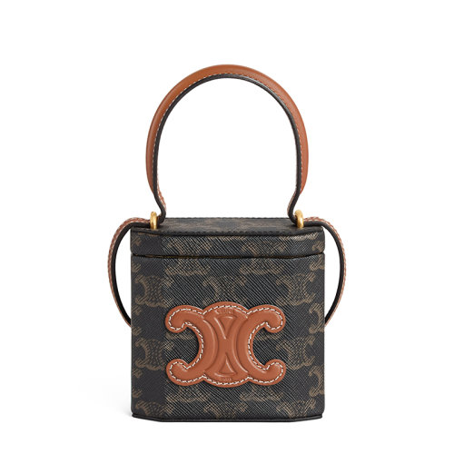 CELINE/賽琳 22新款TRIOMPHE系列 女士褐色老花帆布棕色皮革細(xì)節(jié)單肩手提盒子包199602EIN.04LU