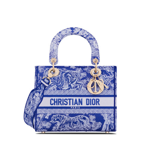 DIOR/迪奧 22新款LADY D-Lite系列 女士中號熒光藍織物茹伊印花刺繡手袋M0565OROC_M808