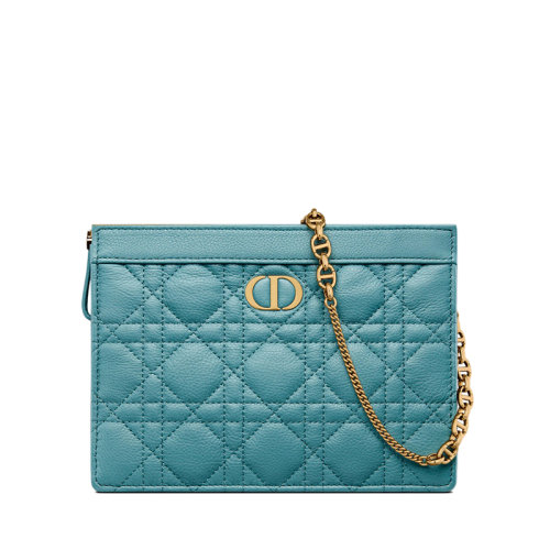 DIOR/迪奧 22春夏新款CARO系列 女士天藍(lán)色柔軟藤格紋牛皮革拉鏈開合鏈條單肩斜挎手拿包S5106UWHC_M08Z