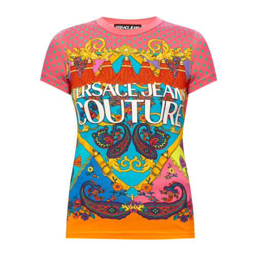 VERSACE JEANS/范思哲牛仔 女士拼色棉質(zhì)經(jīng)典字母徽標(biāo)印花裝飾圓領(lǐng)短袖上衣T恤 B2HZA7PH-30392-445