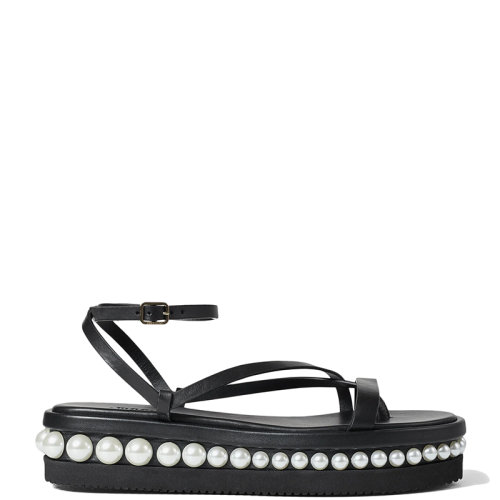 Jimmy Choo/周仰杰 22年秋冬新款 Pine Flat系列 女士黑色牛皮和白色珍珠厚底涼鞋PINEFLATZXA-NOIR