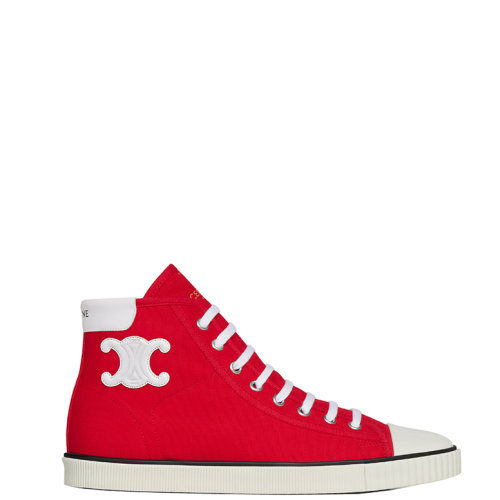 CELINE/賽琳 22年早春新款 BLANK系列 女士亮紅色織物/牛皮革側(cè)面TRIOMPHE貼飾高幫運(yùn)動(dòng)鞋帆布鞋343202006C.27BR