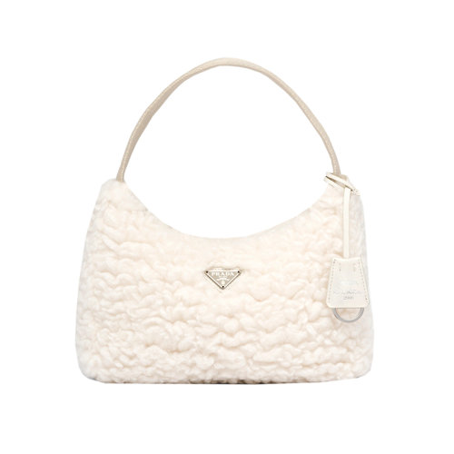 PRADA/普拉達(dá) 22新款 女士白色人造效果羊毛/羊絨拉鏈開合琺瑯金屬標(biāo)志尼龍手柄徽標(biāo)印花里襯手提包1NE515_2FLI_F0018