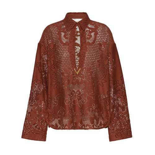 Valentino/華倫天奴 22年早春新款 V Gold系列 女士棕色尼龍棉質(zhì)混紡?fù)辜y蕾絲襯衫外套XB3AB2156W3C30