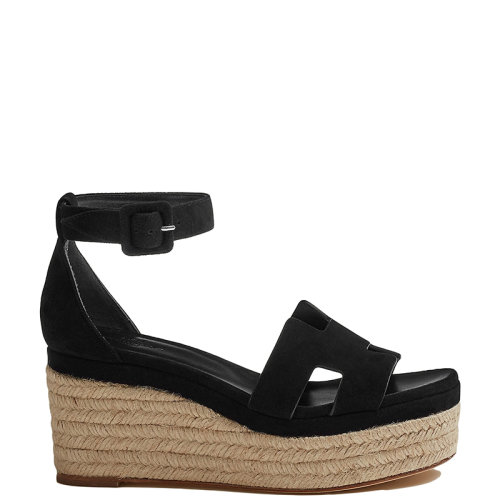 HERMES/愛馬仕 22年秋冬新款 Elda系列 女士黑色山羊絨面革坡跟草編鞋涼鞋H222136Z02390