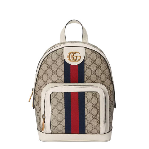 GUCCI/古馳 22春夏新款Ophidia系列 女士烏木米色老花帆布紅藍(lán)織帶白邊金標(biāo)雙肩背包6857699U8BT9760