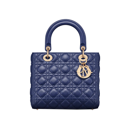 DIOR/迪奧 23新款 LADY系列 女士中號(hào)寶藍(lán)色格紋小羊皮淡金色金屬吊飾調(diào)節(jié)拆卸肩帶單肩斜挎手提包M0565ONGE_M14Z