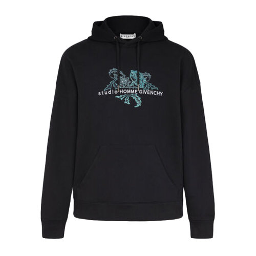 Givenchy/紀(jì)梵希 男士黑色棉質(zhì)經(jīng)典字母徽標(biāo)印花花卉刺繡裝飾長袖上衣衛(wèi)衣連帽衫套頭衫運(yùn)動衫 BMJ07N30AF-001