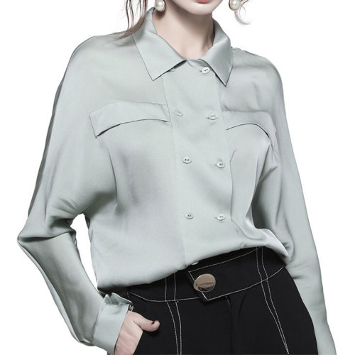 GeleiStory/GeleiStory 春夏新款 娃娃領(lǐng)真絲上衣寬松襯衫女藍(lán)色雙排扣冷淡風(fēng)襯衣女裝＞女士襯衫＞女士長(zhǎng)袖襯衫