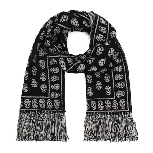 Alexander McQueen/亞歷山大麥昆 中性黑白拼色羊毛骷髏頭印花流蘇滾邊雙面長(zhǎng)款披肩圍脖圍巾 358351-4200Q-1078