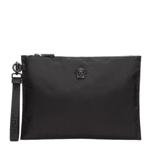 VERSACE/范思哲 男士黑色尼龍經(jīng)典金屬美杜莎頭像裝飾拉鏈開合錢包手包腕包手拿包男包 DP85102-DNYLV-KNN