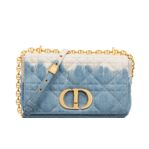 DIOR/迪奧 22新款DIOR CARO系列 女士藍(lán)色藤格紋絎縫牛仔布CD金扣單肩斜跨手拿鏈條包M9242UJBI_M928