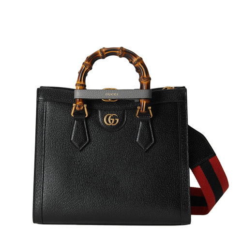GUCCI/古馳 22春夏新款Diana系列 女士小號黑色皮革灰色飾帶金扣雙竹節(jié)提手單肩手提托特包702721U3ZDT1260