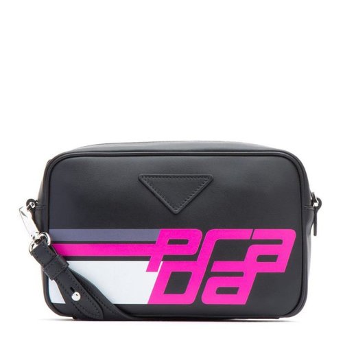 PRADA/普拉達(dá)  女士黑色霓虹涂鴉印花LOGO牛皮單肩斜挎包