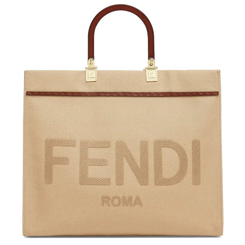 FENDI/芬迪 21早春新款 米色帆布小牛皮 刺繡“ FENDI ROMA”字樣 女士手提包8BH386ABVVF1E1A