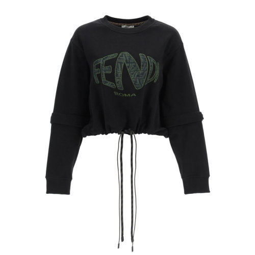 Fendi/芬迪 女士黑色棉質經(jīng)典字母徽標印花裝飾平紋針織圓領長袖上衣衛(wèi)衣運動衫套頭衫 FS7461-AG7C-F0GME