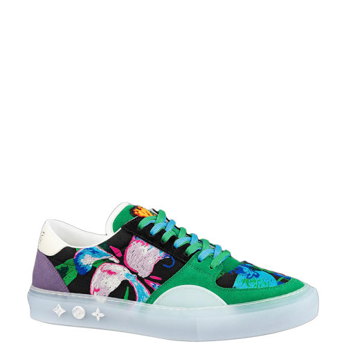 Louis Vuitton/路易威登 22年早春新款 LV OLLIE系列 男士綠色繡花面料花朵圖案刺繡運動鞋1A9JIX