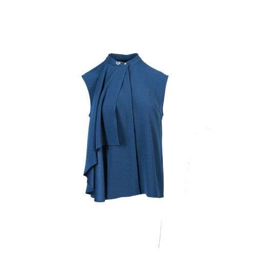 HUI/卉 女士短袖襯衫20春夏新款深藍(lán)色無袖圓領(lǐng)套頭衫