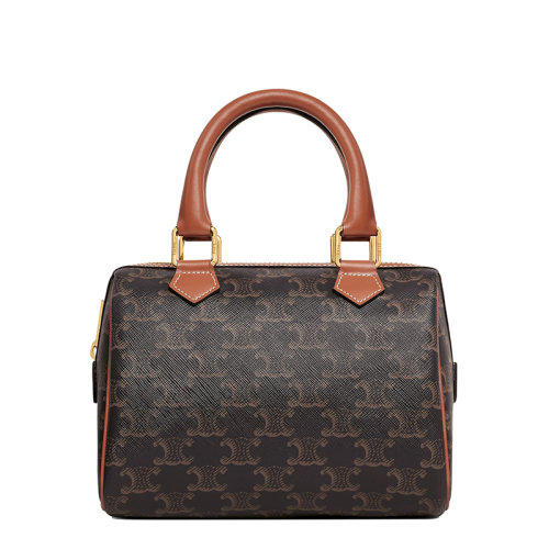 CELINE/賽琳  BOSTON系列 女士小號(hào)經(jīng)典凱旋老花帆布棕褐色皮革飾邊手提單肩波士頓包197582CAS.04LU