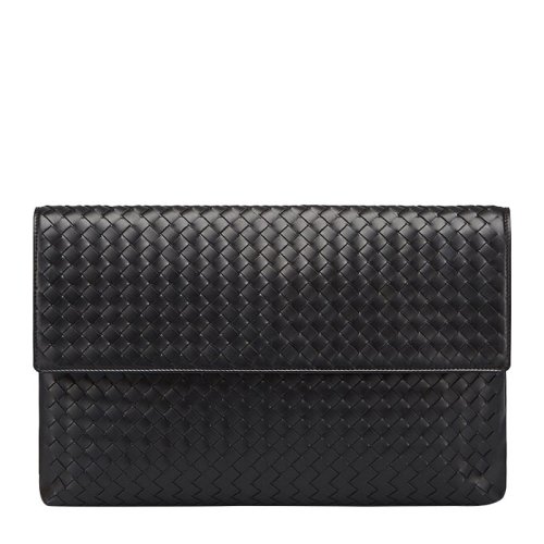 Bottega Veneta/葆蝶家  中性黑色羊皮編織翻蓋手拿包