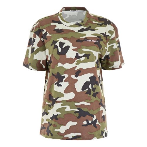 Miu Miu/繆繆  服裝 圓領(lǐng) 女性 迷彩 寬松 軍綠色 女士短袖T恤 MJN085 1TIS F0161