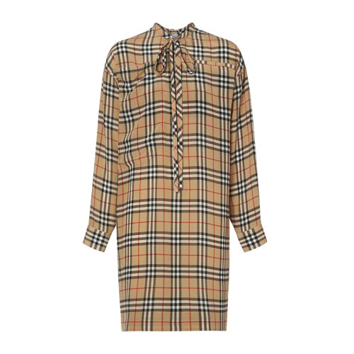 BURBERRY/博柏利女裝 服裝 絲綢經(jīng)典款格紋蝴蝶結(jié)長袖襯衫 女士裙裝女士連衣裙 8014299經(jīng)典格紋