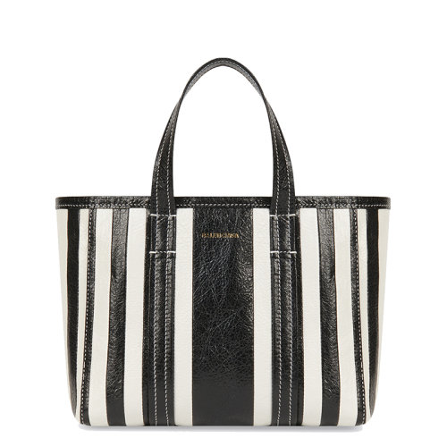 Balenciaga/巴黎世家 20  EAST-WEST BARBES系列 女士小號(hào)黑色小羊皮黑白條紋拼布手提購(gòu)物包6714041VGAN1090