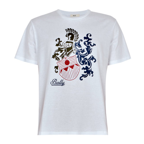 BALLY/巴利  白色棉質(zhì)紅藍(lán)黑馬印花圓領(lǐng)男士短袖T恤