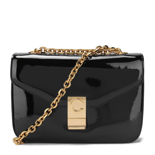 CELINE/賽琳女士鏈條logo印字單肩斜挎ins風(fēng)背包黑色皮革187253BFA女包