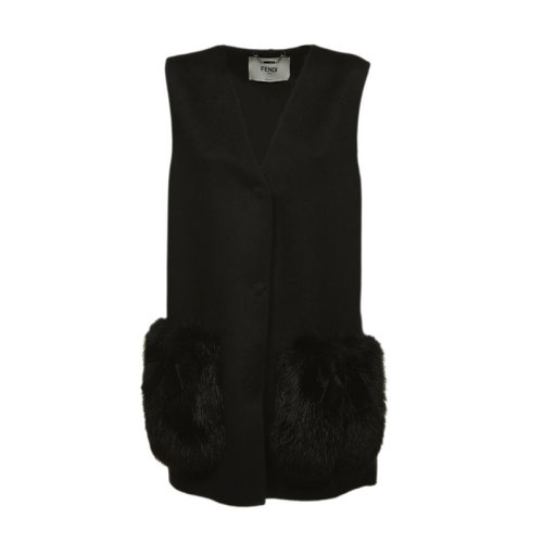 FENDI/芬迪  女裝 女士黑色羊毛時尚毛口袋馬甲 FDFF8523W1DF0ZNJ