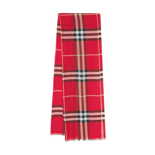 BURBERRY/博柏利 22年早春新款 男女同款亮紅色/黑色羊毛桑蠶絲混紡輕盈格紋細(xì)穗流蘇圍巾80493451