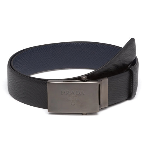 PRADA/普拉達  男士黑色和海軍藍摩洛哥皮革和金屬搭扣雙面腰帶35毫米2CM016_2FAD_F0RD7