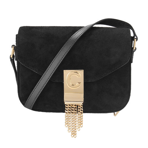 CELINE/賽琳女士鏈條logo印字單肩斜挎ins風(fēng)背包黑色系皮革188503BGY女包