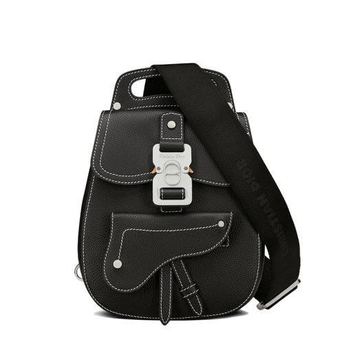 DIOR/迪奧 22新款GALLOP系列 男士黑色粒面牛皮革緝面線裝飾翻蓋開合單肩斜挎手提包1ADBO022YKK_H00N